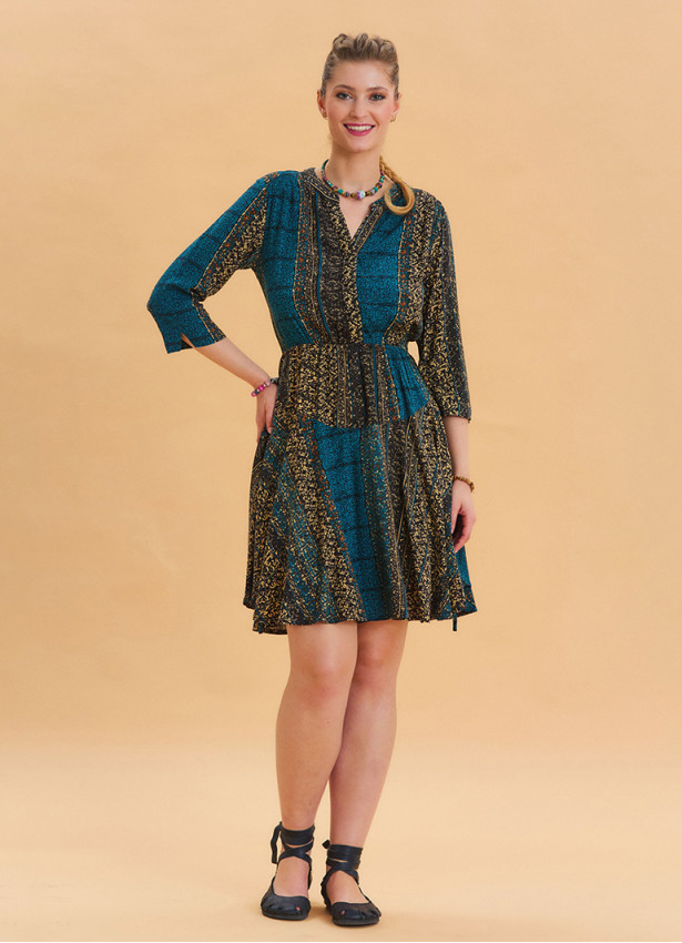 Grandad Collar Button Detailed Petrol Patterned Midi Dress 4461